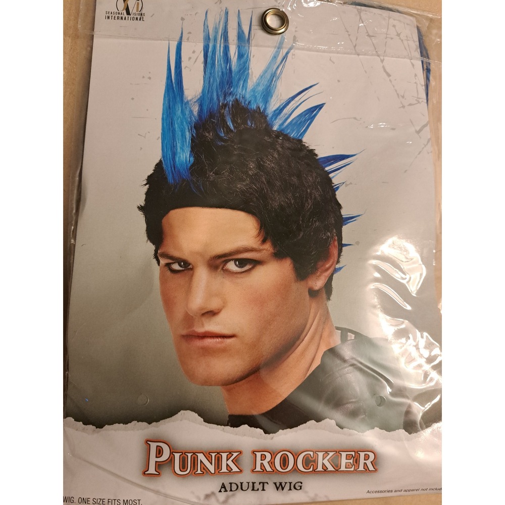 Seasonal Visions International Punk Rocker Adult Wig Black Blue Spiked Mohawk